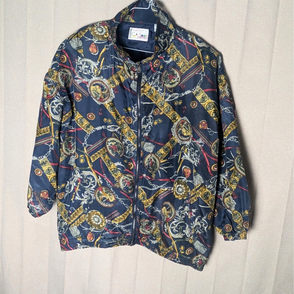 Lady CA Sport Vintage Silk Bomber Jacket 2X Navy Blue Baroque Chain Print Zip - Picture 3 of 11
